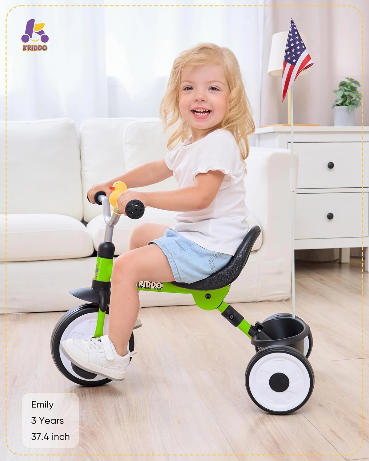 KRIDDO Kids Tricycle for 18 Months to 3 Years, Foldable Toddler Tricycle with Storage Basket, Kids Trike for 2 Years, Adjustable Easy to Carry Ergonomic Seat, Stable Structure for Smooth Ride, Green
