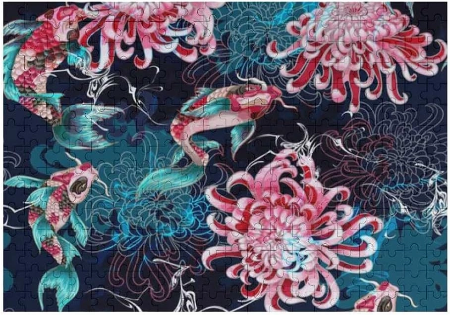 Kuizee Jigsaw Puzzle 1000 Pieces Puzzle for Adults Fish Chrysanthemums Colorfull Oriental Style School Kids Teens Educational Intellectual Decompressing Funny Family Games 29.5X19.7Inch