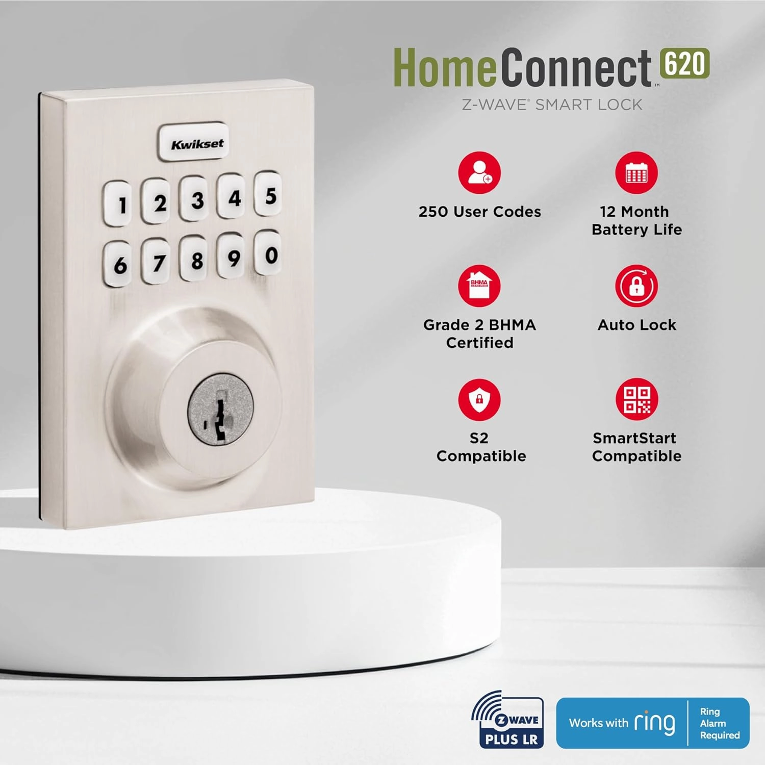 Kwikset HomeConnect 620 Z-Wave Long Range Enabled Keypad Smart Lock with Convenient Keyless Entry, Customizable User Codes, S2 Security and SmartStart Provisioning Matte Black Contemporary