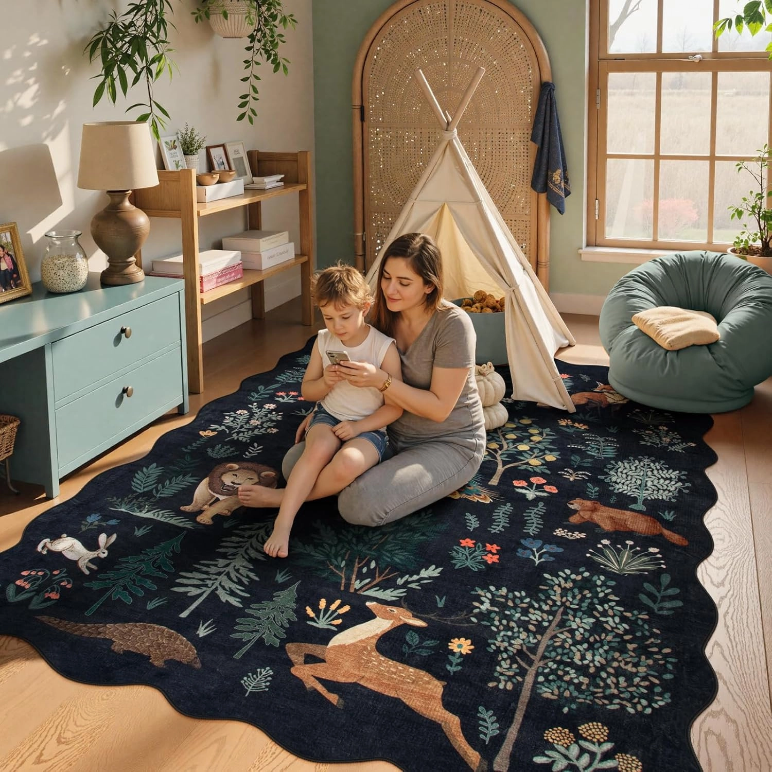 Lahome Jungle 5x7 Playroom Rug,Black Rugs for Bedroom, Animal Print Cute Rug Machine Washable Non-Slip Ultra-Thin Scalloped Rugs, Stain Resistant Carpet for Kid Nursery Living Room Office Home