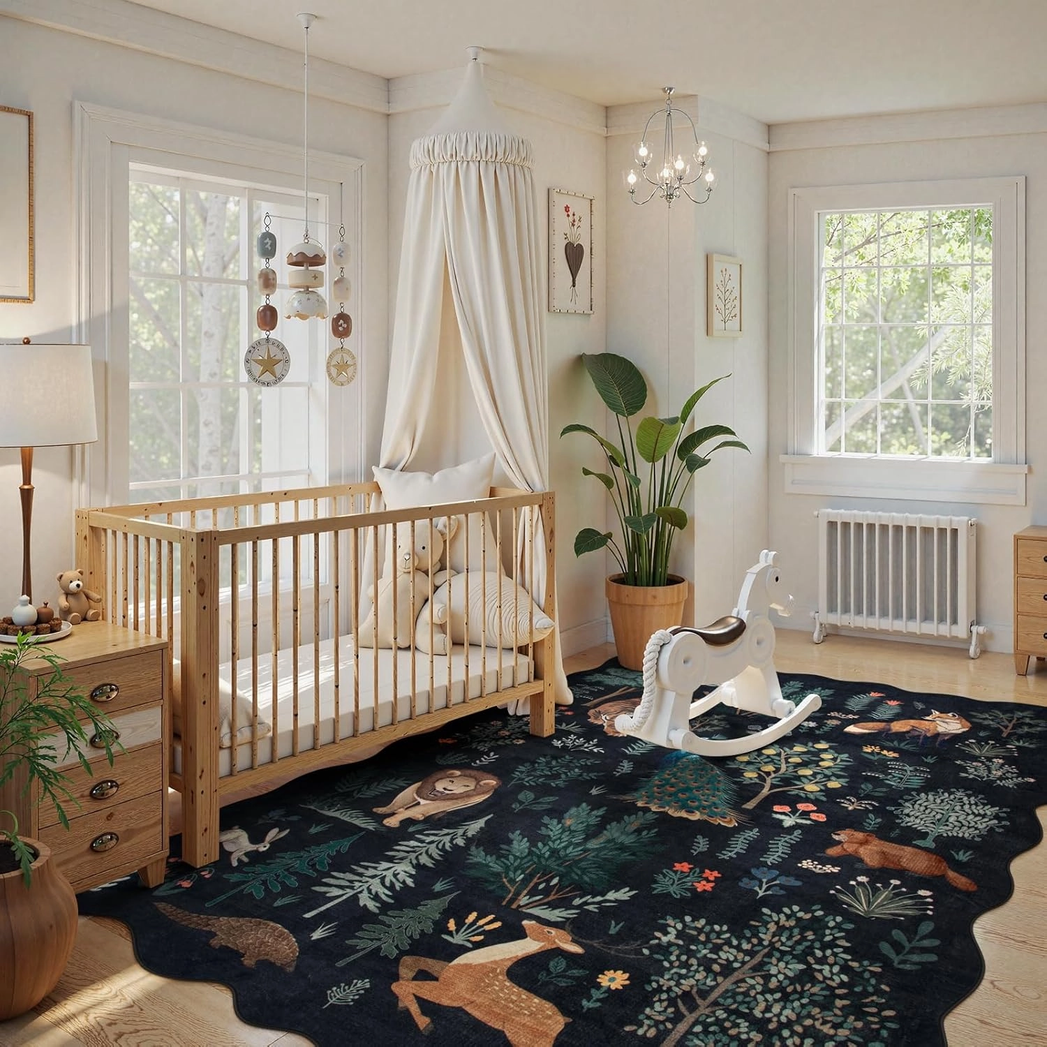 Lahome Jungle 5x7 Playroom Rug,Black Rugs for Bedroom, Animal Print Cute Rug Machine Washable Non-Slip Ultra-Thin Scalloped Rugs, Stain Resistant Carpet for Kid Nursery Living Room Office Home