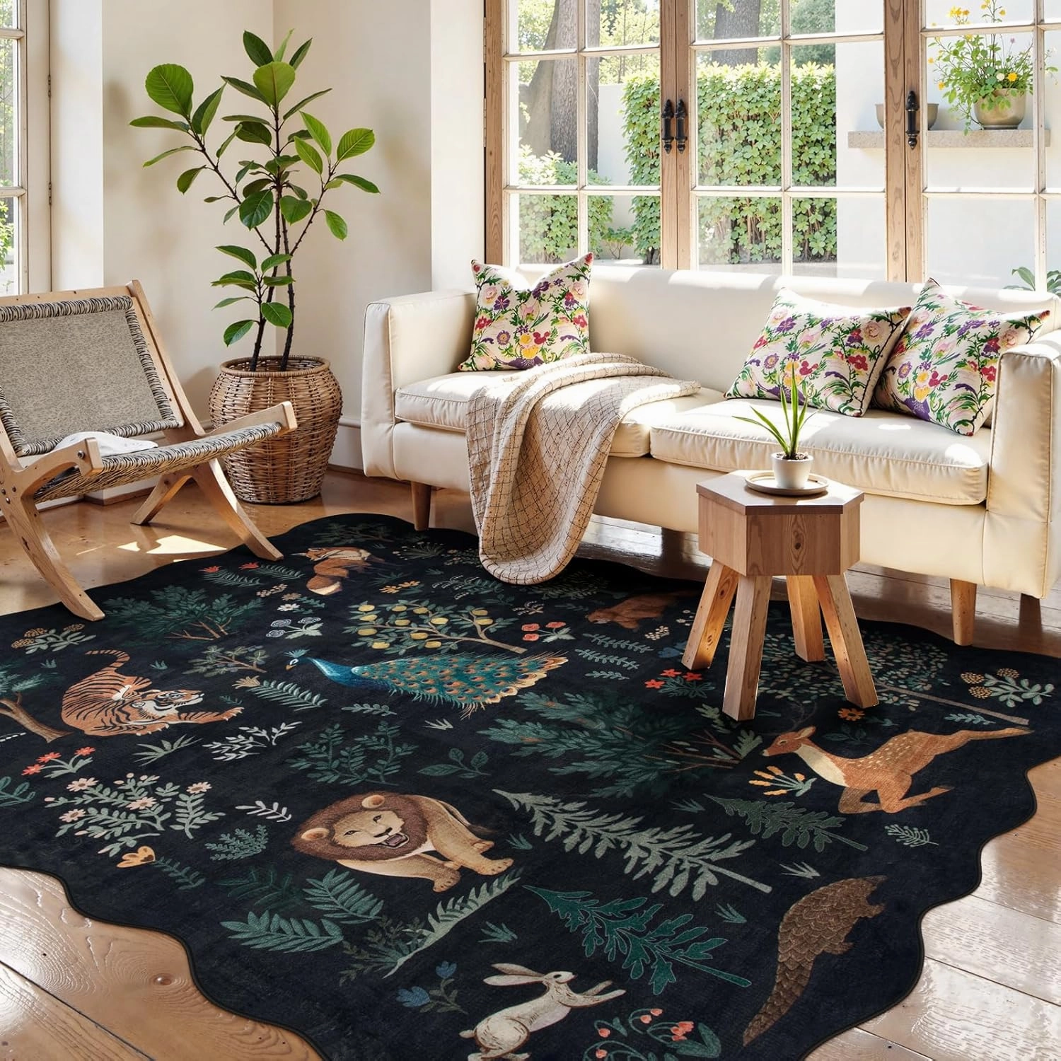 Lahome Jungle 5x7 Playroom Rug,Black Rugs for Bedroom, Animal Print Cute Rug Machine Washable Non-Slip Ultra-Thin Scalloped Rugs, Stain Resistant Carpet for Kid Nursery Living Room Office Home