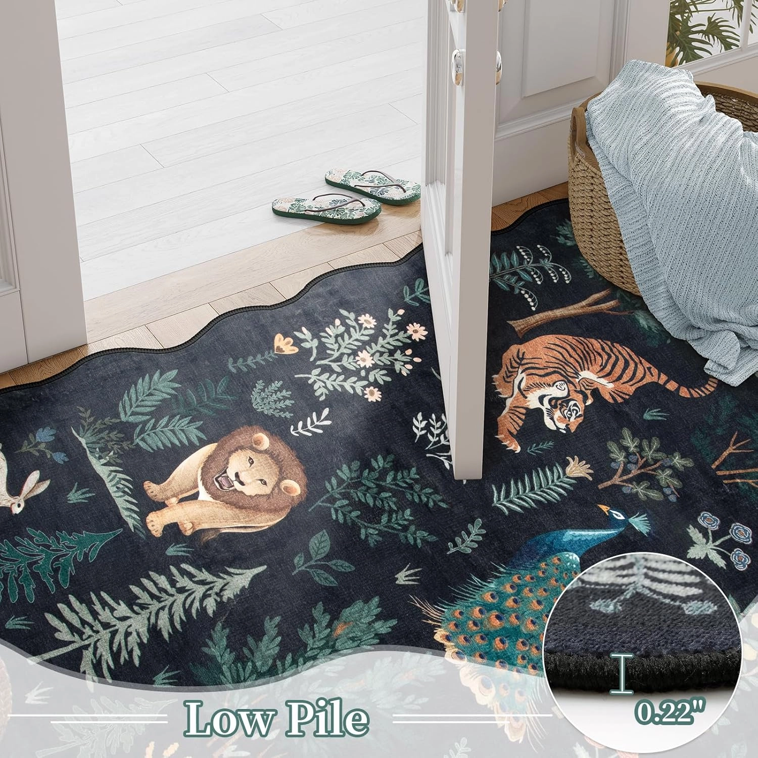 Lahome Jungle 5x7 Playroom Rug,Black Rugs for Bedroom, Animal Print Cute Rug Machine Washable Non-Slip Ultra-Thin Scalloped Rugs, Stain Resistant Carpet for Kid Nursery Living Room Office Home