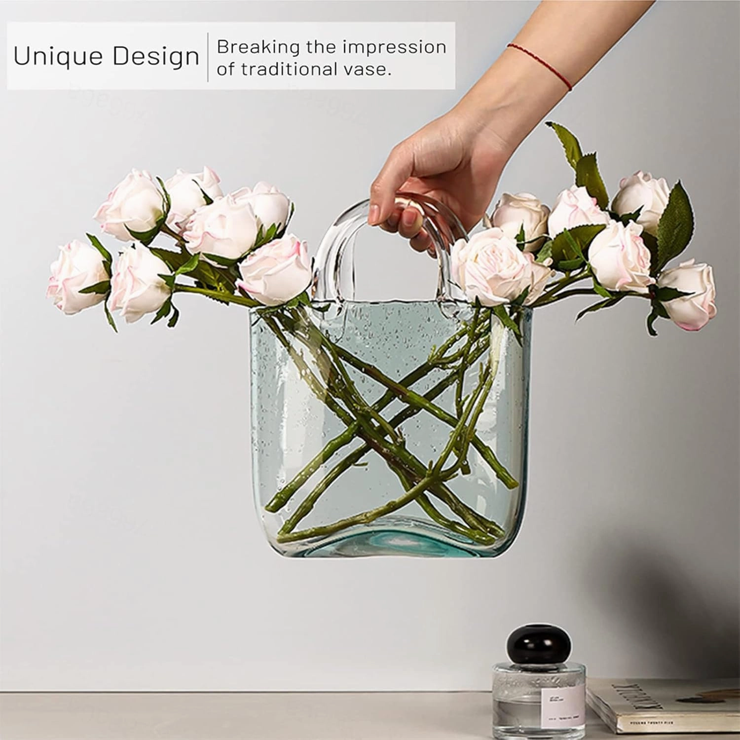 LAMPPE Glass Bag Vase for Flowers, with Handles Bubble Bag Vase Unique Glass Decor, Unique for Centerpieces,Table Decorations,Wedding Decor,Home,Style2-Blue