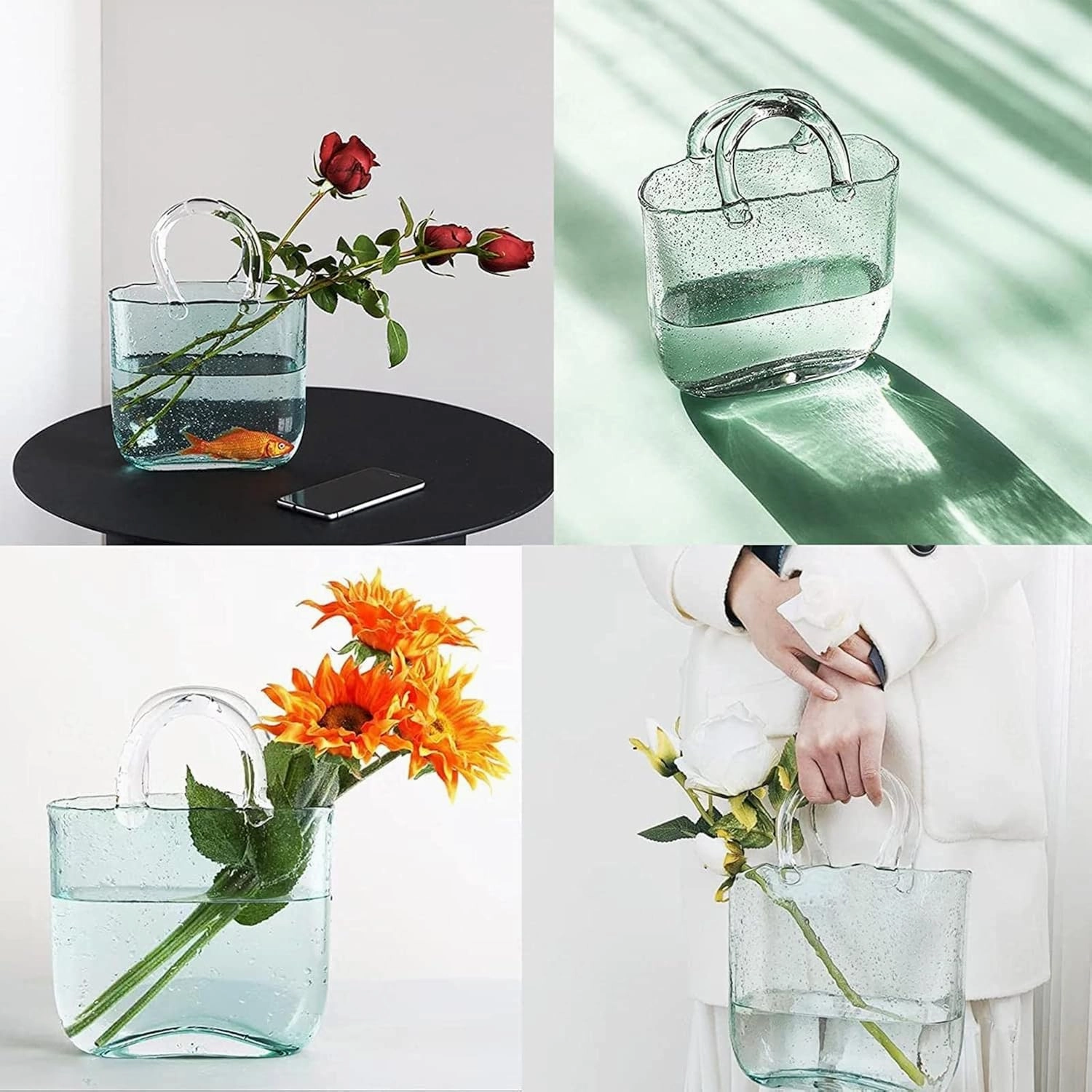 LAMPPE Glass Bag Vase for Flowers, with Handles Bubble Bag Vase Unique Glass Decor, Unique for Centerpieces,Table Decorations,Wedding Decor,Home,Style2-Blue
