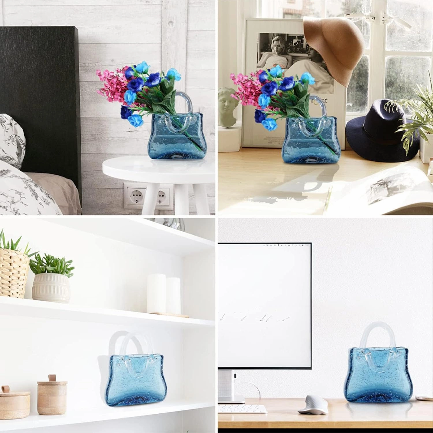 LAMPPE Glass Bag Vase for Flowers, with Handles Bubble Bag Vase Unique Glass Decor, Unique for Centerpieces,Table Decorations,Wedding Decor,Home,Style2-Blue