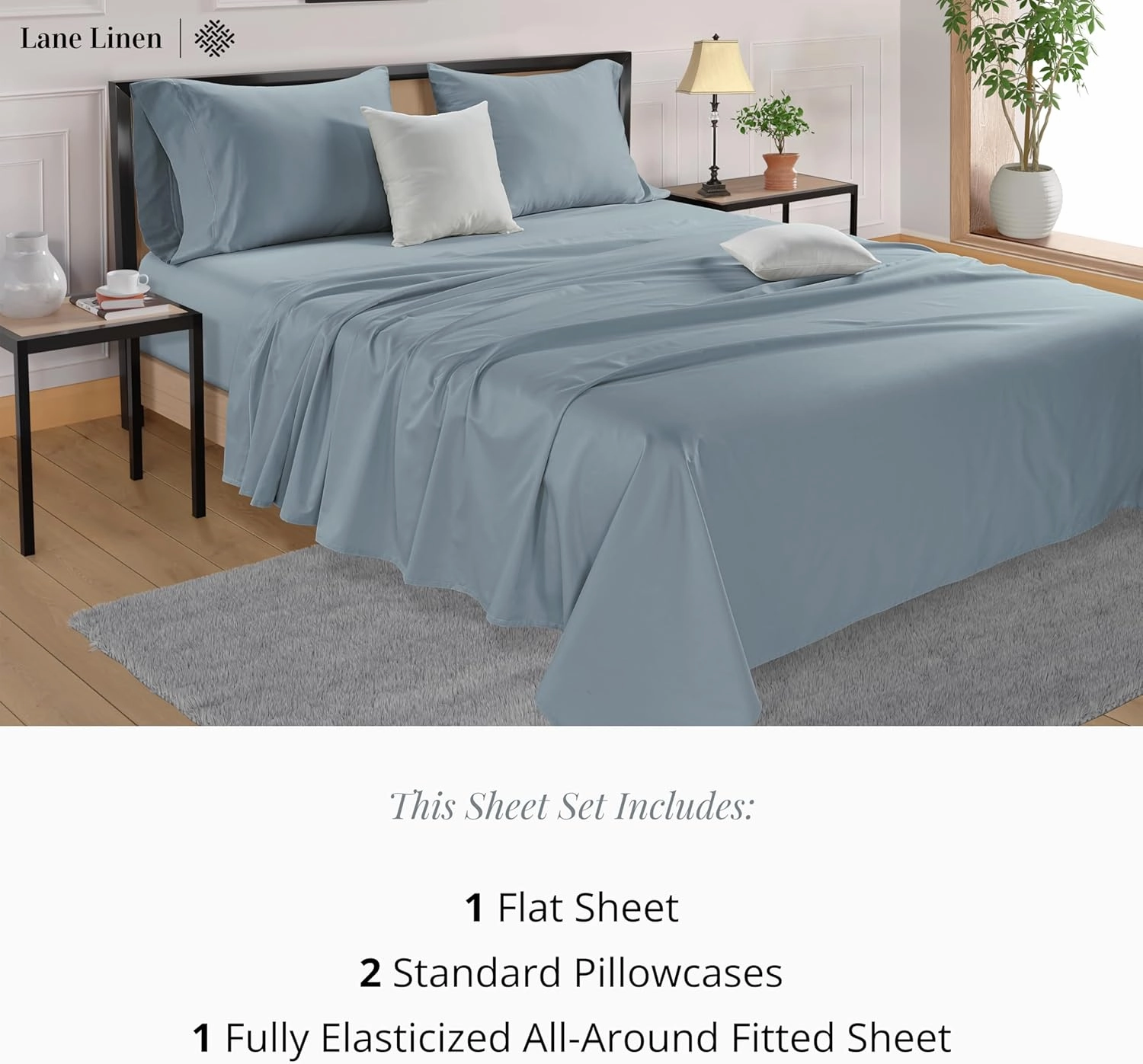 LANE LINEN 600 TC 100% Cotton Queen Sheets, Deep Pocket Comfy & Cooling Sateen Weave, Fully Elasticized Hotel Style Thick Sheet, Mercerized 4 Pc Queen Size Bedding Set, Ultra Soft - Blue Sheet Set