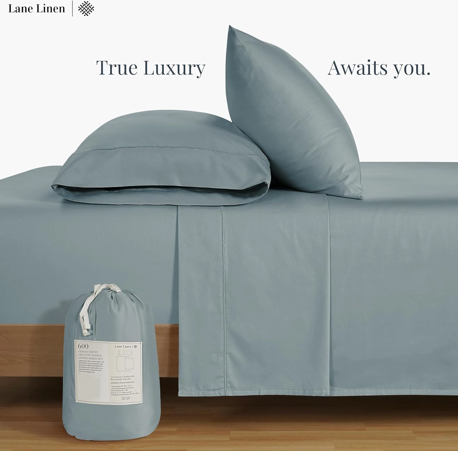 LANE LINEN 600 TC 100% Cotton Queen Sheets, Deep Pocket Comfy & Cooling Sateen Weave, Fully Elasticized Hotel Style Thick Sheet, Mercerized 4 Pc Queen Size Bedding Set, Ultra Soft - Blue Sheet Set