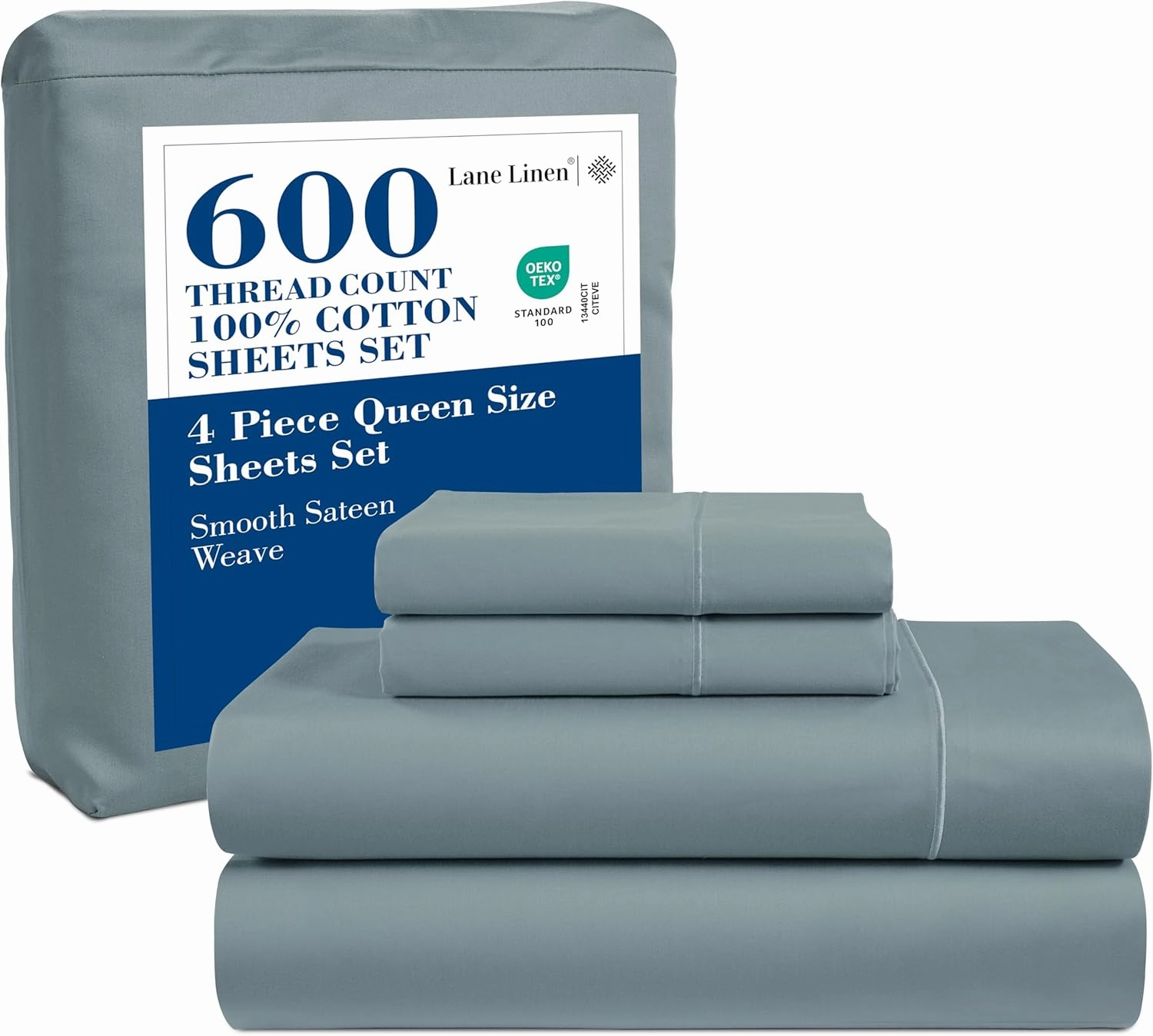LANE LINEN 600 TC 100% Cotton Queen Sheets, Deep Pocket Comfy & Cooling Sateen Weave, Fully Elasticized Hotel Style Thick Sheet, Mercerized 4 Pc Queen Size Bedding Set, Ultra Soft - Blue Sheet Set