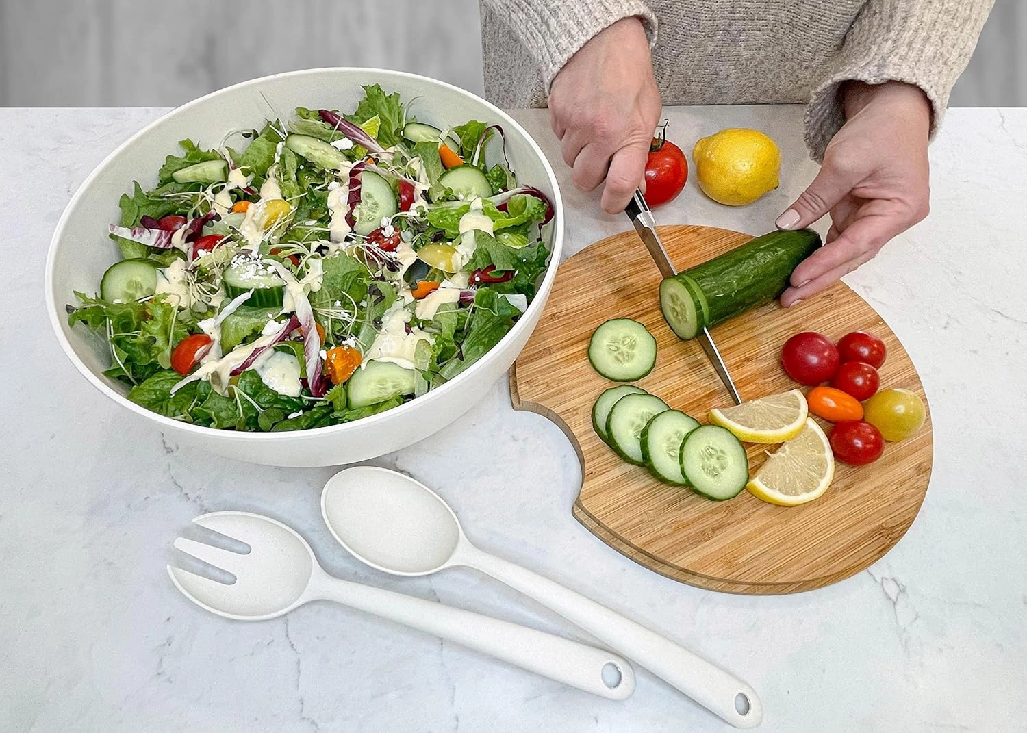 Large Salad and Serving Bowl with Bamboo Wood Lid and Servers 8pc Set - 11.5" and 8" Bamboo Fiber Pasta Bowls and Utensils with Wooden Cutting Board Tops (Natural White)