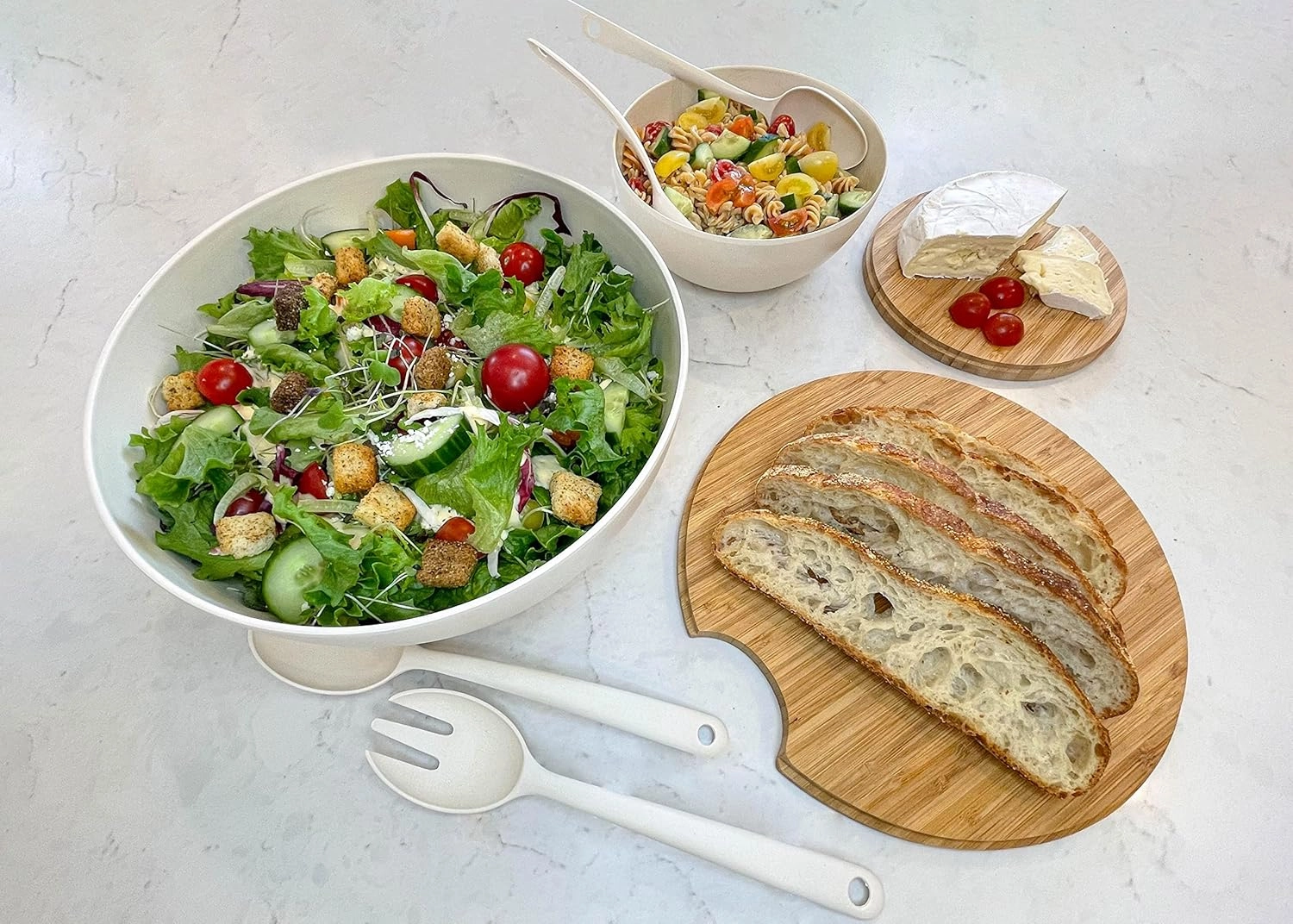 Large Salad and Serving Bowl with Bamboo Wood Lid and Servers 8pc Set - 11.5" and 8" Bamboo Fiber Pasta Bowls and Utensils with Wooden Cutting Board Tops (Natural White)