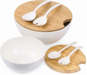 Large Salad and Serving Bowl with Bamboo Wood Lid and Servers 8pc Set - 11.5" and 8" Bamboo Fiber Pasta Bowls and Utensils with Wooden Cutting Board Tops (Natural White)