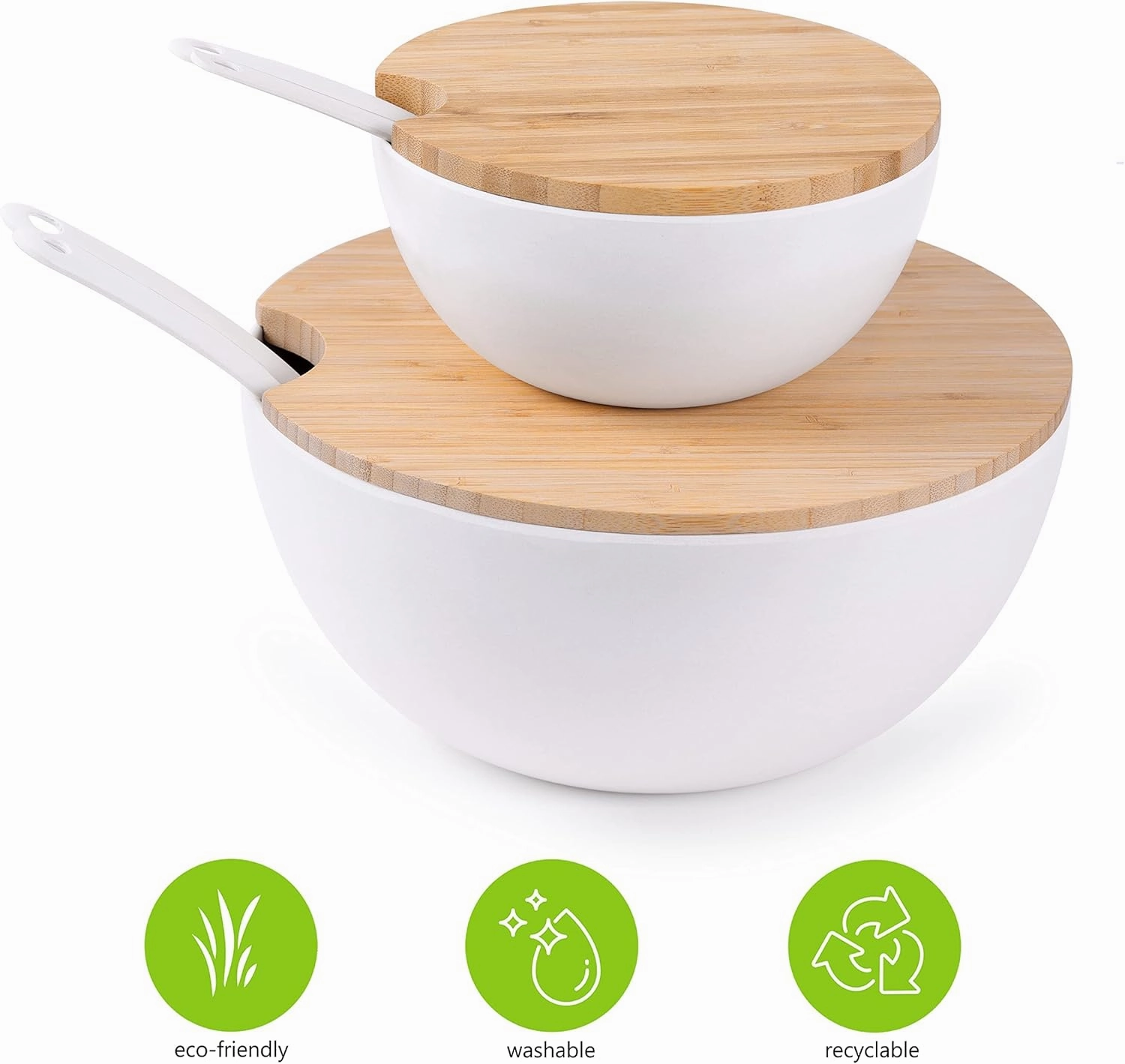 Large Salad and Serving Bowl with Bamboo Wood Lid and Servers 8pc Set - 11.5" and 8" Bamboo Fiber Pasta Bowls and Utensils with Wooden Cutting Board Tops (Natural White)