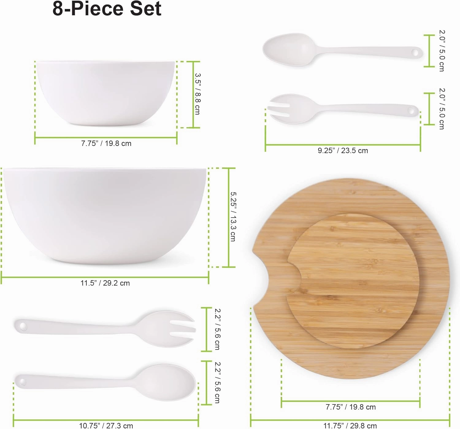 Large Salad and Serving Bowl with Bamboo Wood Lid and Servers 8pc Set - 11.5" and 8" Bamboo Fiber Pasta Bowls and Utensils with Wooden Cutting Board Tops (Natural White)
