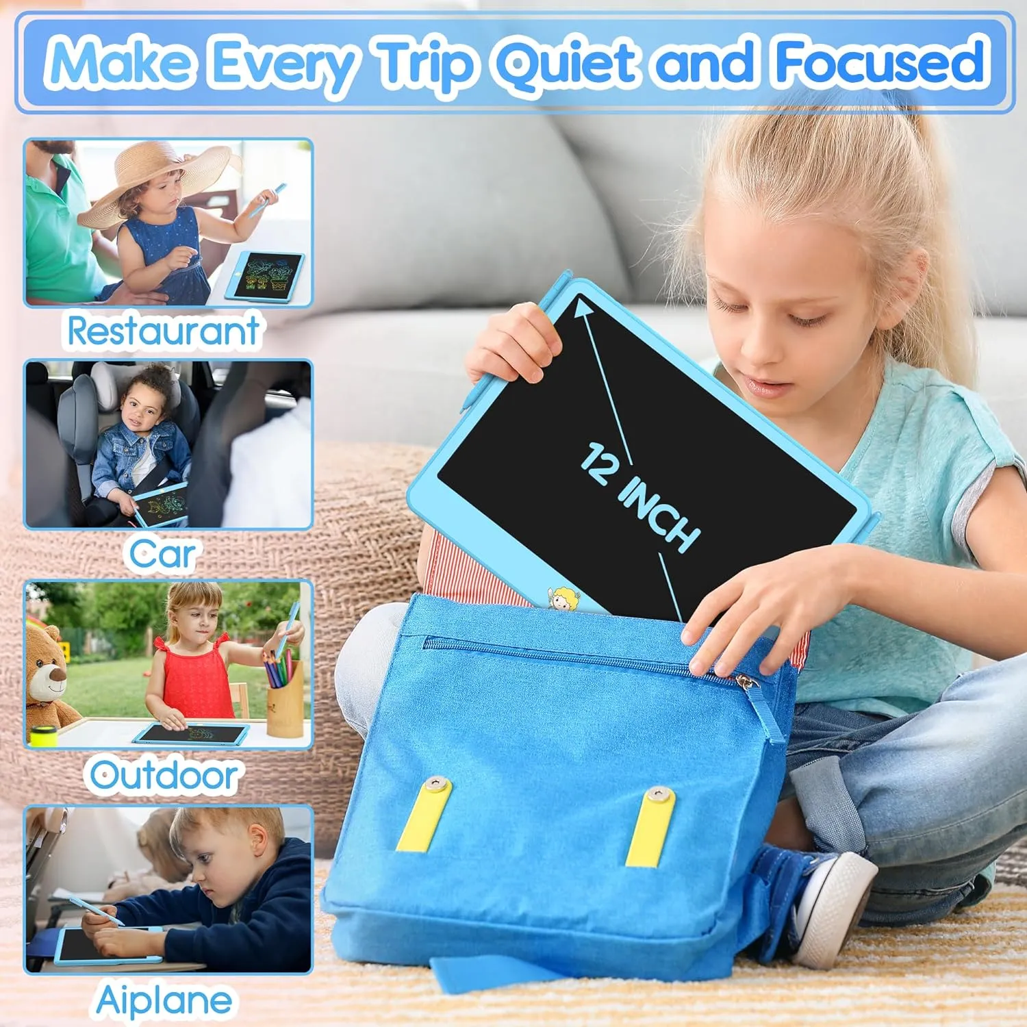LCD Writing Tablet for Kids 12 Inch, Toys for Boys Girls Drawing Pad for 3 4 5 6 7 Year Old Kids Toys, Toddler Erasable Doodle Board Travel Essentials, Children’s Day Gift for Kids - Blue
