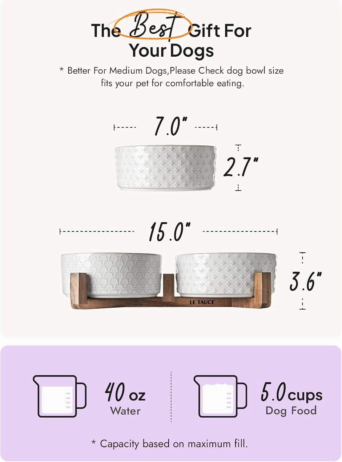 LE TAUCI Ceramic Dog Bowls, Set with Acacia Wood Stand, 7 Inch Food and Water Bowl for Medium Large Dogs