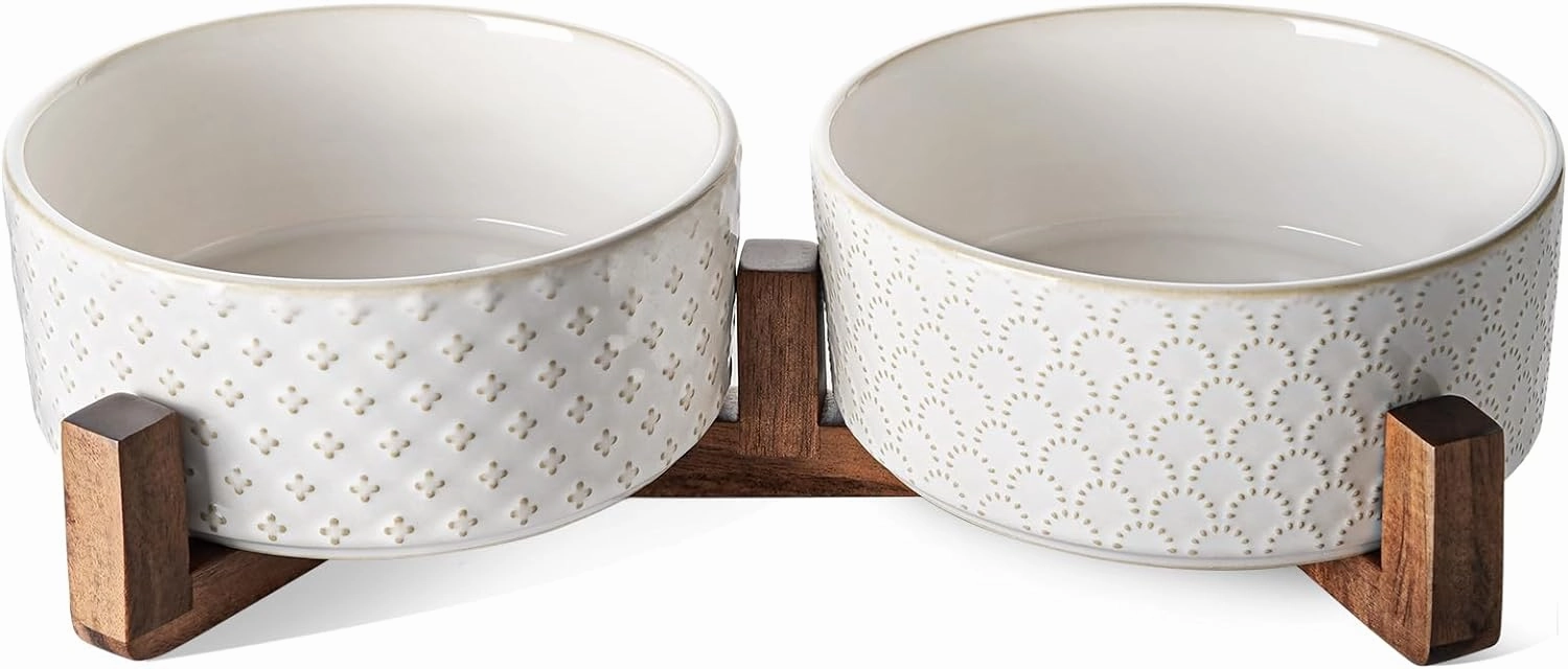 LE TAUCI Ceramic Dog Bowls, Set with Acacia Wood Stand, 7 Inch Food and Water Bowl for Medium Large Dogs