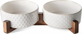 LE TAUCI Ceramic Dog Bowls, Set with Acacia Wood Stand, 7 Inch Food and Water Bowl for Medium Large Dogs