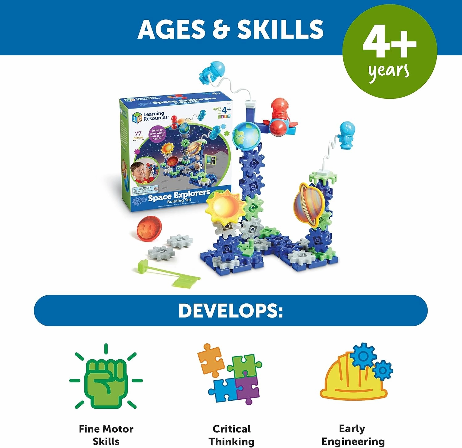 Learning Resources Gears! Gears! Gears! Space Explorers Building Set, 77 Pieces, Ages 4 , Gears & Construction Toy, STEM Toys, Gears for Kids