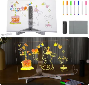 LED Acrylic Message Board - Note Board with Colors, Light up Dry Erase White Board with 7 Pens, Drawing Memo Writing Board Birthday Gifts for Kids Home Office Desk, 11.8''x7.8''