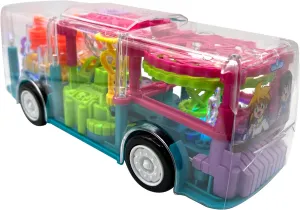 LED Light up Bus Toy with Colorful Light Moving Wheel Music Fun Gear Transparent Educational Bump and Go Toy Car for Kids-Battery Including