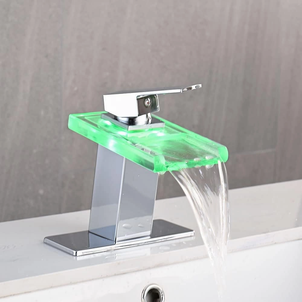 LED Bathroom Sink Faucet, Chrome Waterfall Single Hole Handle Vanity Faucets for Sinks 1 Hole with Metal Pop Up Drain and 2 Water Supply Lines, Open Glass Spout