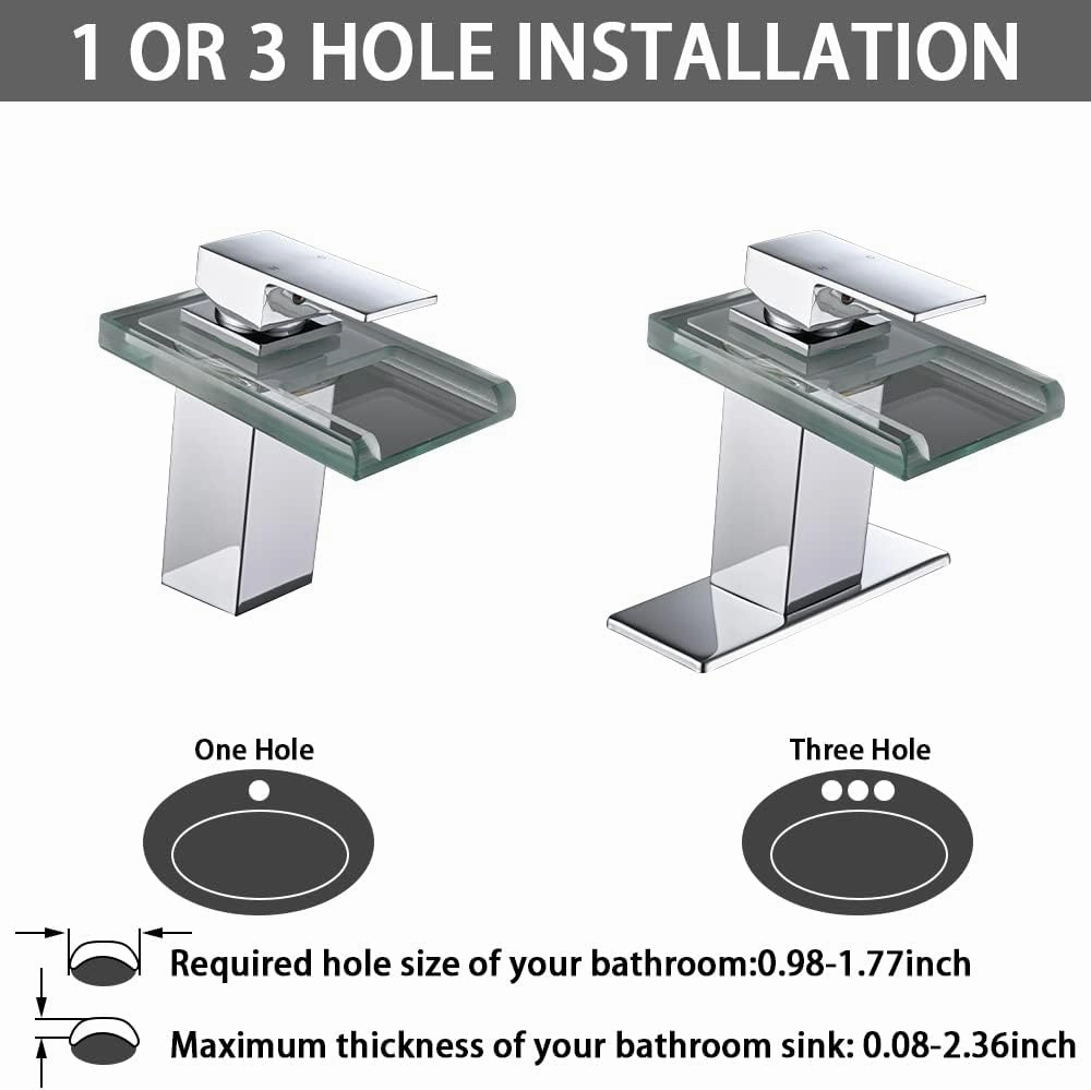 LED Bathroom Sink Faucet, Chrome Waterfall Single Hole Handle Vanity Faucets for Sinks 1 Hole with Metal Pop Up Drain and 2 Water Supply Lines, Open Glass Spout