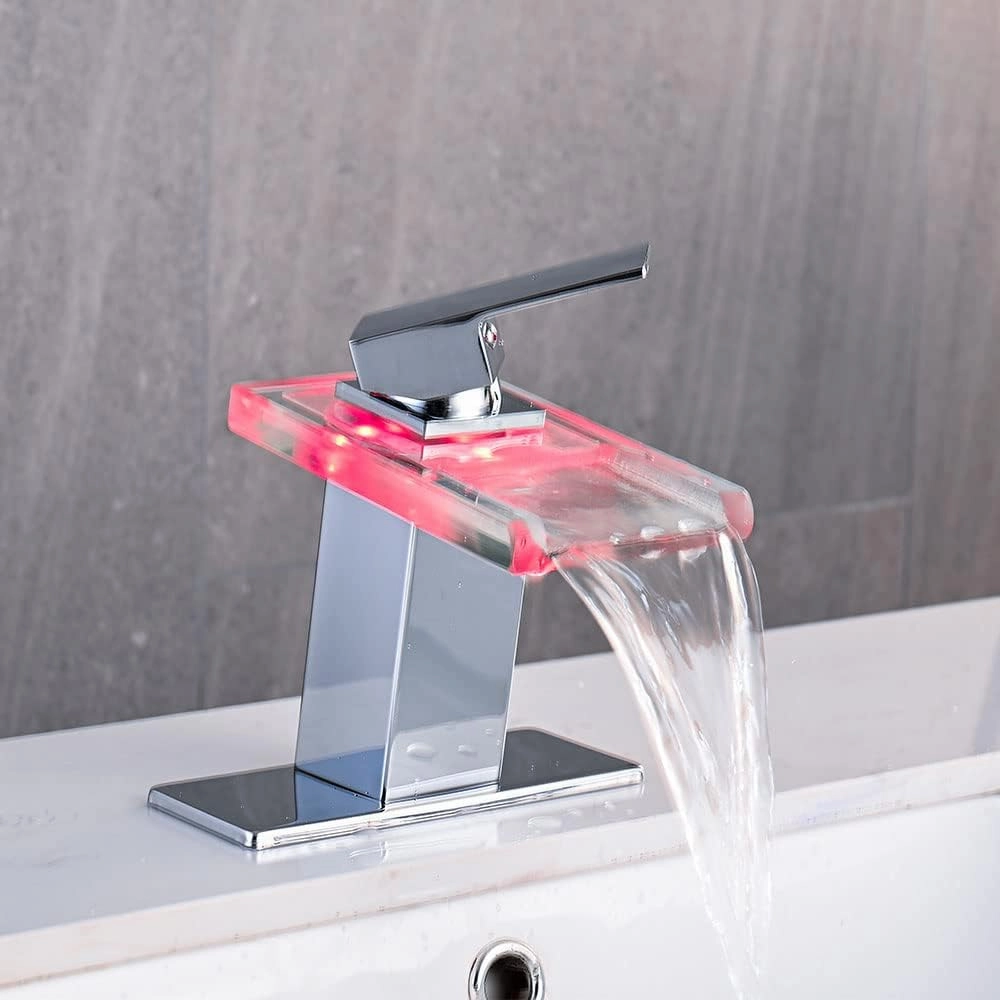 LED Bathroom Sink Faucet, Chrome Waterfall Single Hole Handle Vanity Faucets for Sinks 1 Hole with Metal Pop Up Drain and 2 Water Supply Lines, Open Glass Spout
