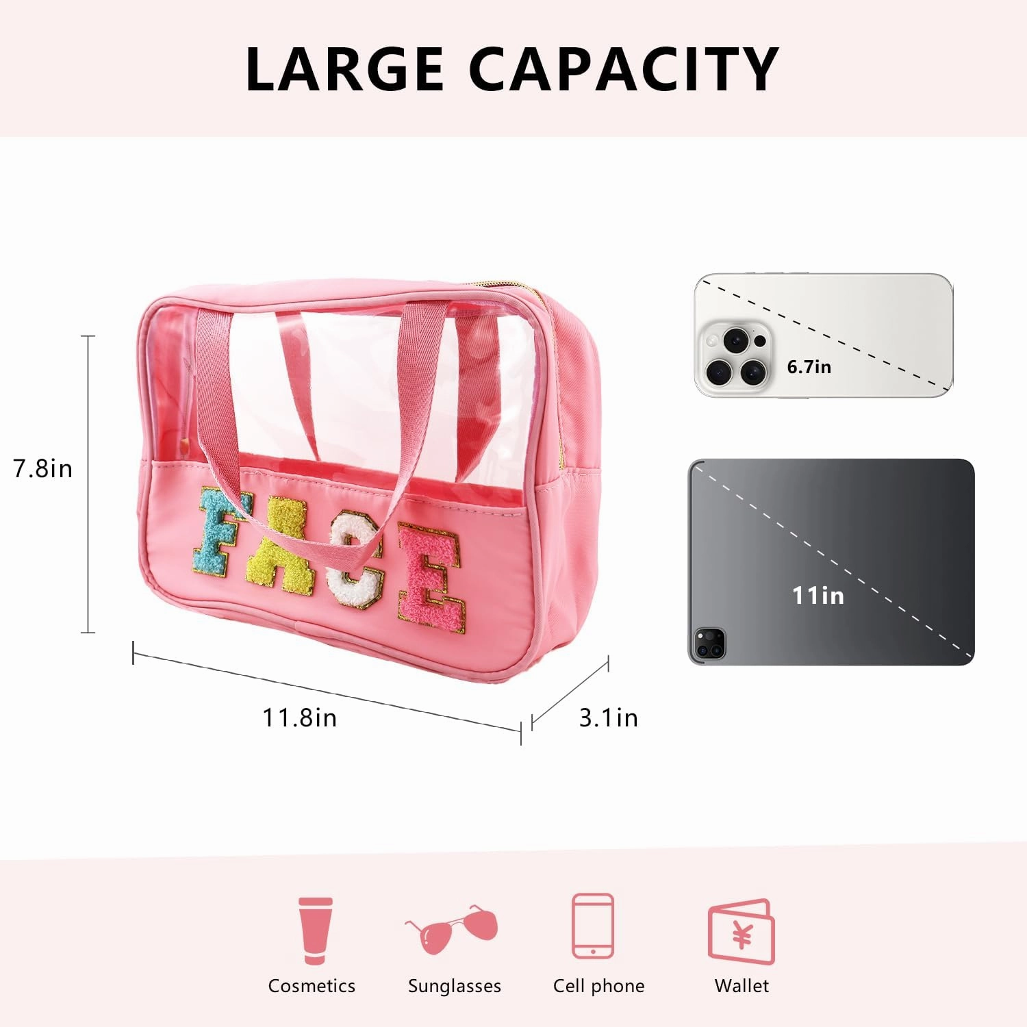 Letter Patch Clear Makeup Bag, Pink Travel Toiletry Bag Preppy Cosmetic Bag with Handle, Waterproof Beach Storage Bag Large Snacks Bag Organizer for Women Girls (Face Letter)