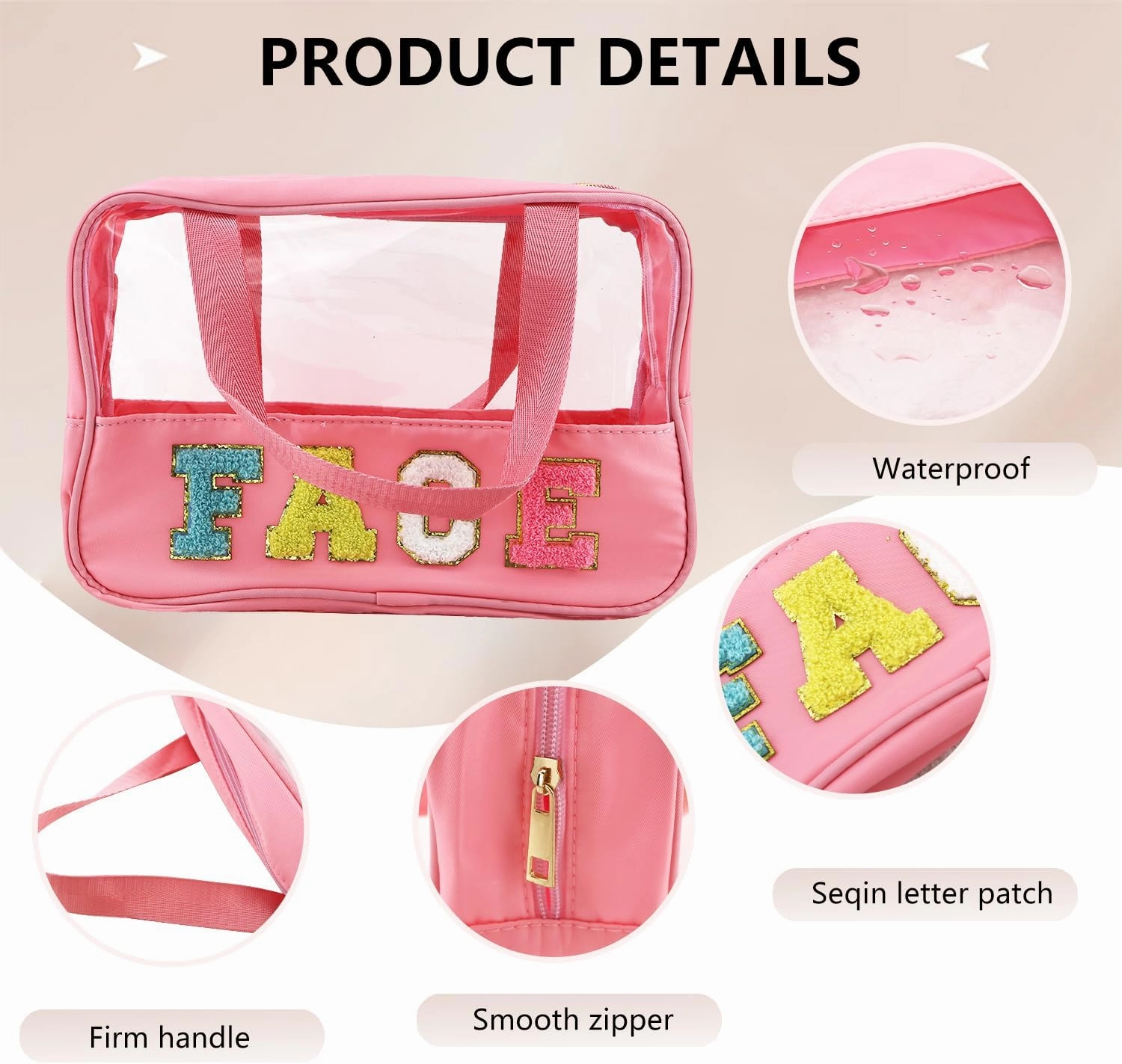 Letter Patch Clear Makeup Bag, Pink Travel Toiletry Bag Preppy Cosmetic Bag with Handle, Waterproof Beach Storage Bag Large Snacks Bag Organizer for Women Girls (Face Letter)