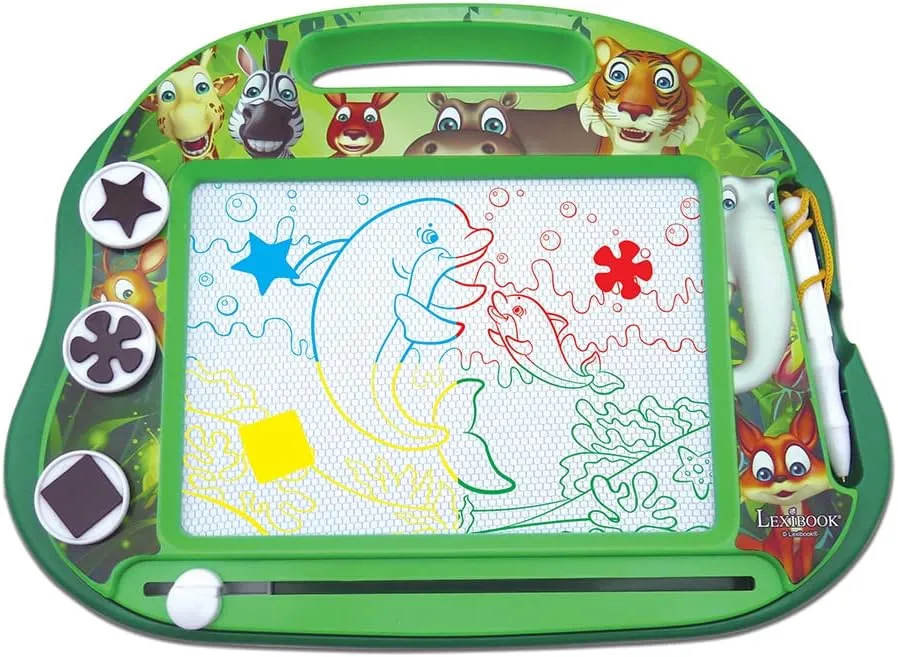 LEXiBOOK, Multicolor Magic Magnetic Animals Drawing Board, Artistic Creative Toy for Girls and Boys, Stylus Pen and Stamps, Green, CRANX550