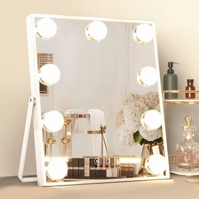 Lighted Makeup Mirror Hollywood Vanity Mirror with Lights, Lighted Vanity Mirrors with 9 LED Dimmable Bulbs, Smart Touch 3-Color Lighting for Tabletop, 360 Degree Rotation White (White)