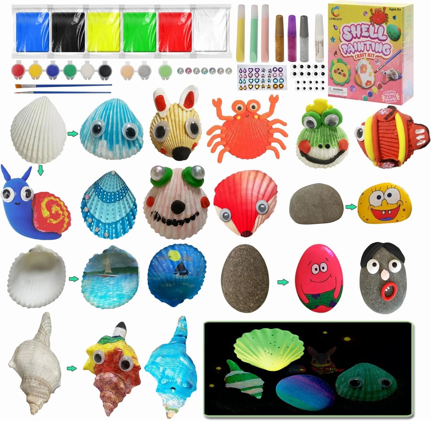 LIHBCAIYI Kids Seashell Painting Kit Glow in Dark DIY Creative Art Crafts for Age 6-12 Girls Boys Conch Rock Drawing Art Supplies Craft Paint Toys for Kids Party Activities Gifts