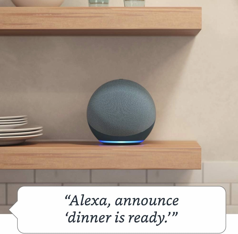 Like-New Amazon Echo (newest model), Alexa speaker with premium sound, Ideal for large bedrooms, living rooms and kitchens, Twilight Blue