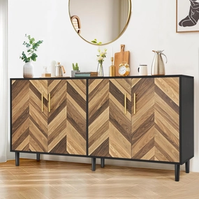 Likein Buffet Cabinet with Storage, 58" Mid-Century Modern Long Sideboard with 4 Doors, Credenza Storage Cabinet with Adjustable Shelves, Console Table for Living Room, Kitchen, Hallway. Black Brown