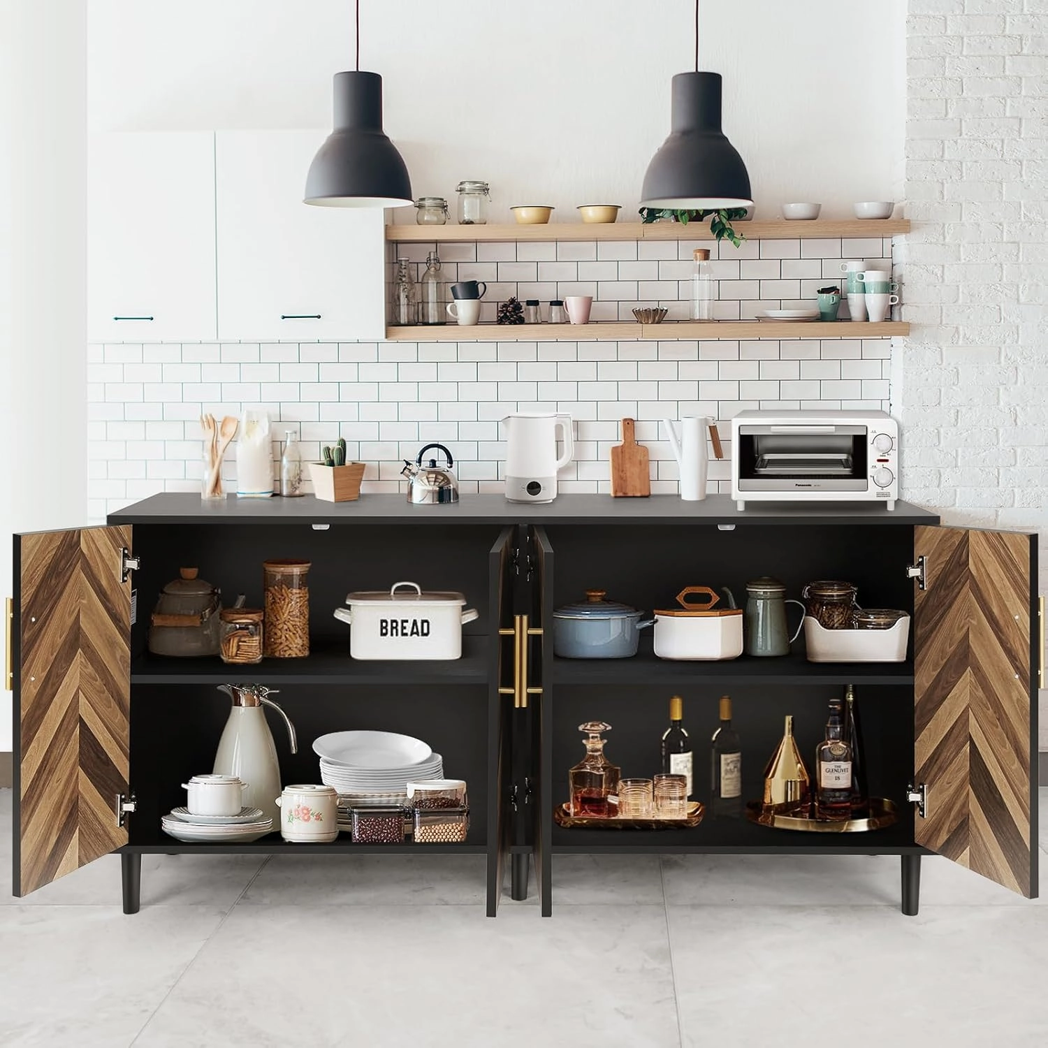 Likein Buffet Cabinet with Storage, 58" Mid-Century Modern Long Sideboard with 4 Doors, Credenza Storage Cabinet with Adjustable Shelves, Console Table for Living Room, Kitchen, Hallway. Black Brown