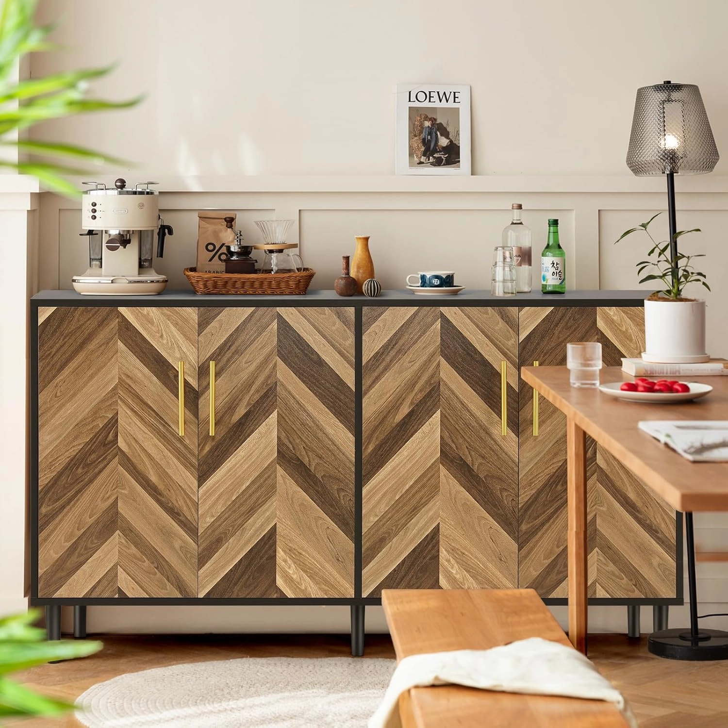 Likein Buffet Cabinet with Storage, 58" Mid-Century Modern Long Sideboard with 4 Doors, Credenza Storage Cabinet with Adjustable Shelves, Console Table for Living Room, Kitchen, Hallway. Black Brown
