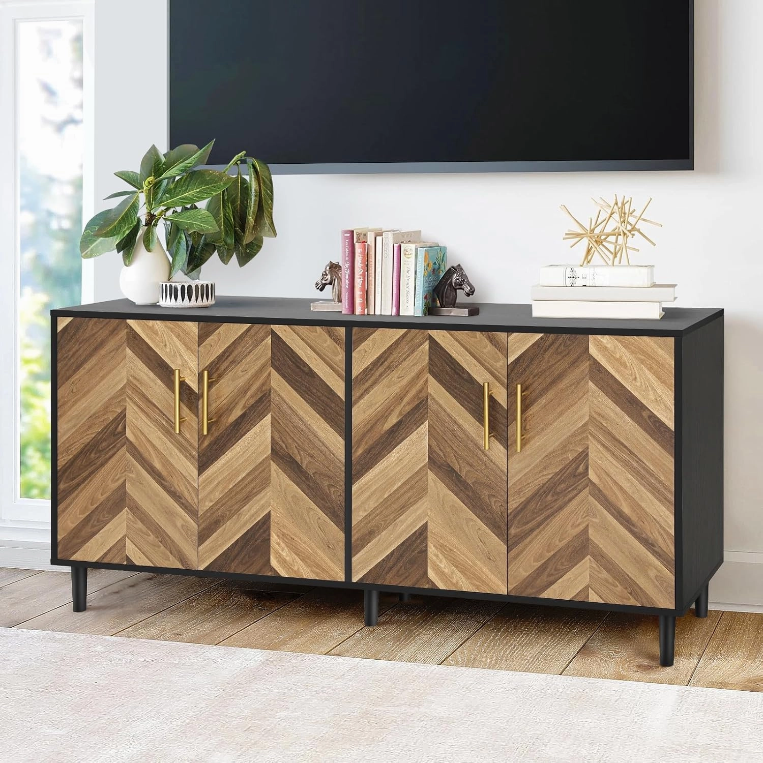 Likein Buffet Cabinet with Storage, 58" Mid-Century Modern Long Sideboard with 4 Doors, Credenza Storage Cabinet with Adjustable Shelves, Console Table for Living Room, Kitchen, Hallway. Black Brown
