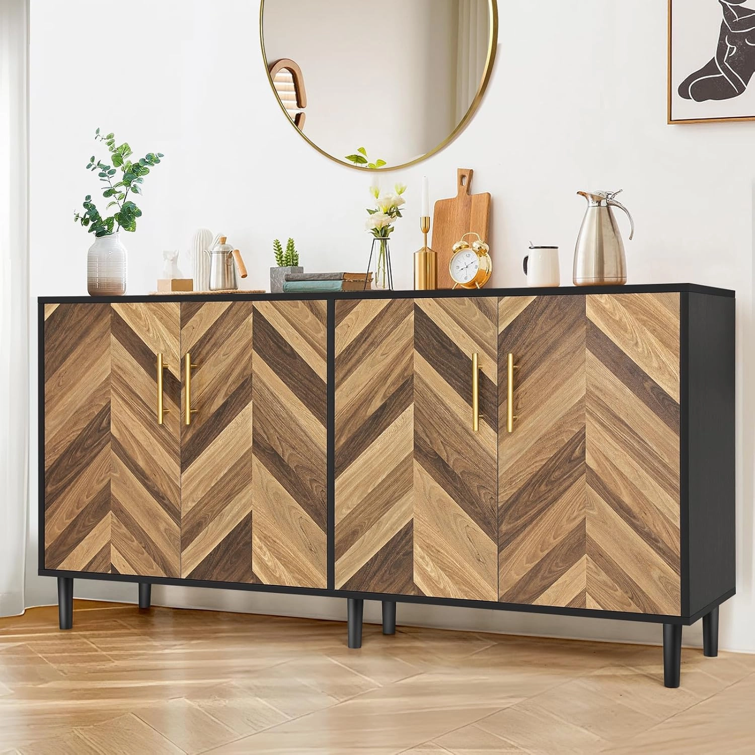 Likein Buffet Cabinet with Storage, 58" Mid-Century Modern Long Sideboard with 4 Doors, Credenza Storage Cabinet with Adjustable Shelves, Console Table for Living Room, Kitchen, Hallway. Black Brown
