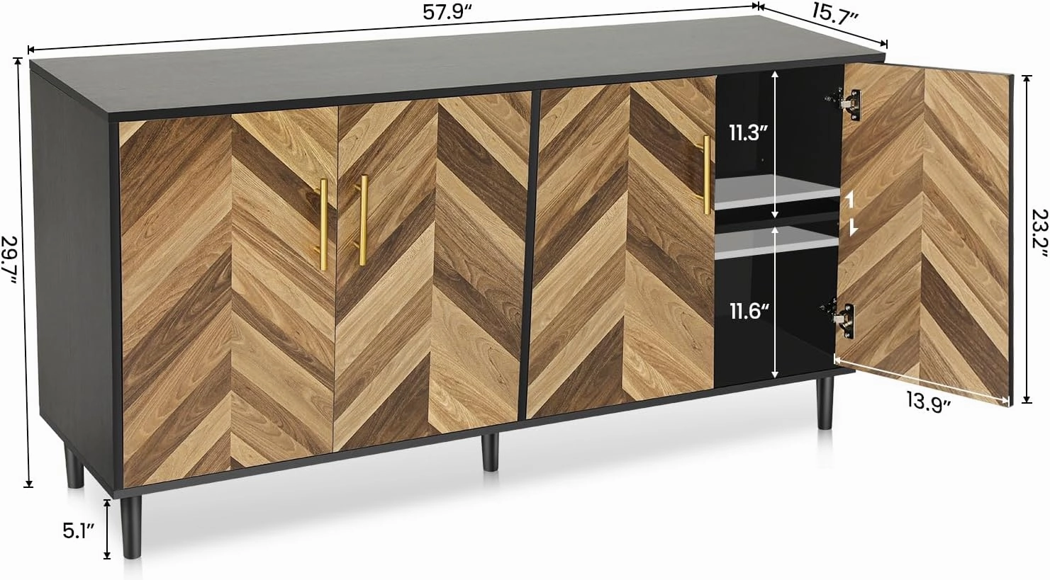 Likein Buffet Cabinet with Storage, 58" Mid-Century Modern Long Sideboard with 4 Doors, Credenza Storage Cabinet with Adjustable Shelves, Console Table for Living Room, Kitchen, Hallway. Black Brown