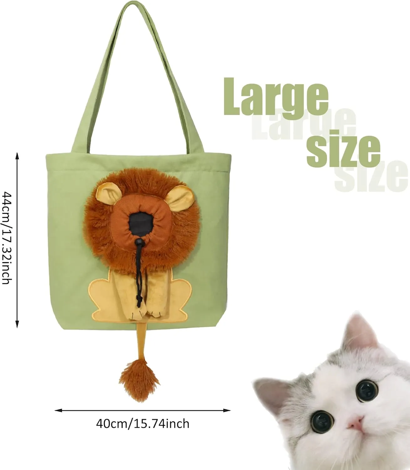 Lion-Shaped Show Head Pet Canvas Shaped Shoulder Bag，Pet Out Bag, Outcrop, Pet Out Shoulder Bag. (Light Green-Large)