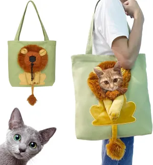 Lion-Shaped Show Head Pet Canvas Shaped Shoulder Bag，Pet Out Bag, Outcrop, Pet Out Shoulder Bag. (Light Green-Large)