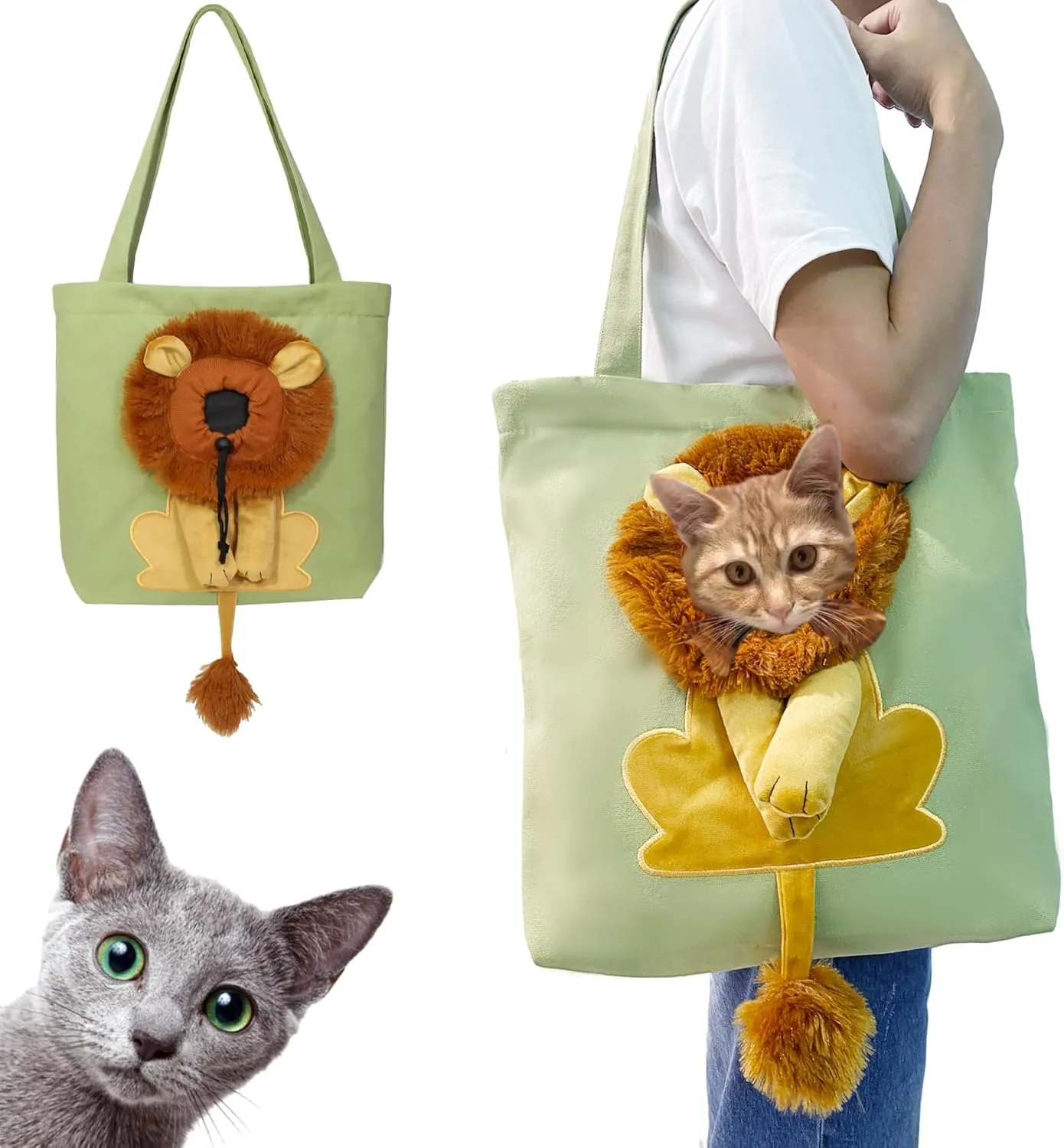 Lion-Shaped Show Head Pet Canvas Shaped Shoulder Bag，Pet Out Bag, Outcrop, Pet Out Shoulder Bag. (Light Green-Large)