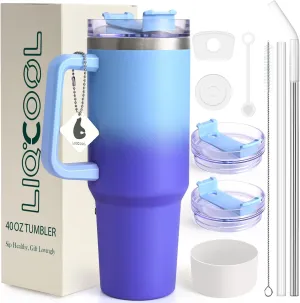 LiqCool 40 Oz Tumbler with Handle 2 Straws and 2 Lids, Silicone Boot & Leakproof Spill Stopper Set, Stainless Steel Vacuum Insulated Tumbler, Keep Cold 26H, Cupholder Friendly(Deep Blue)