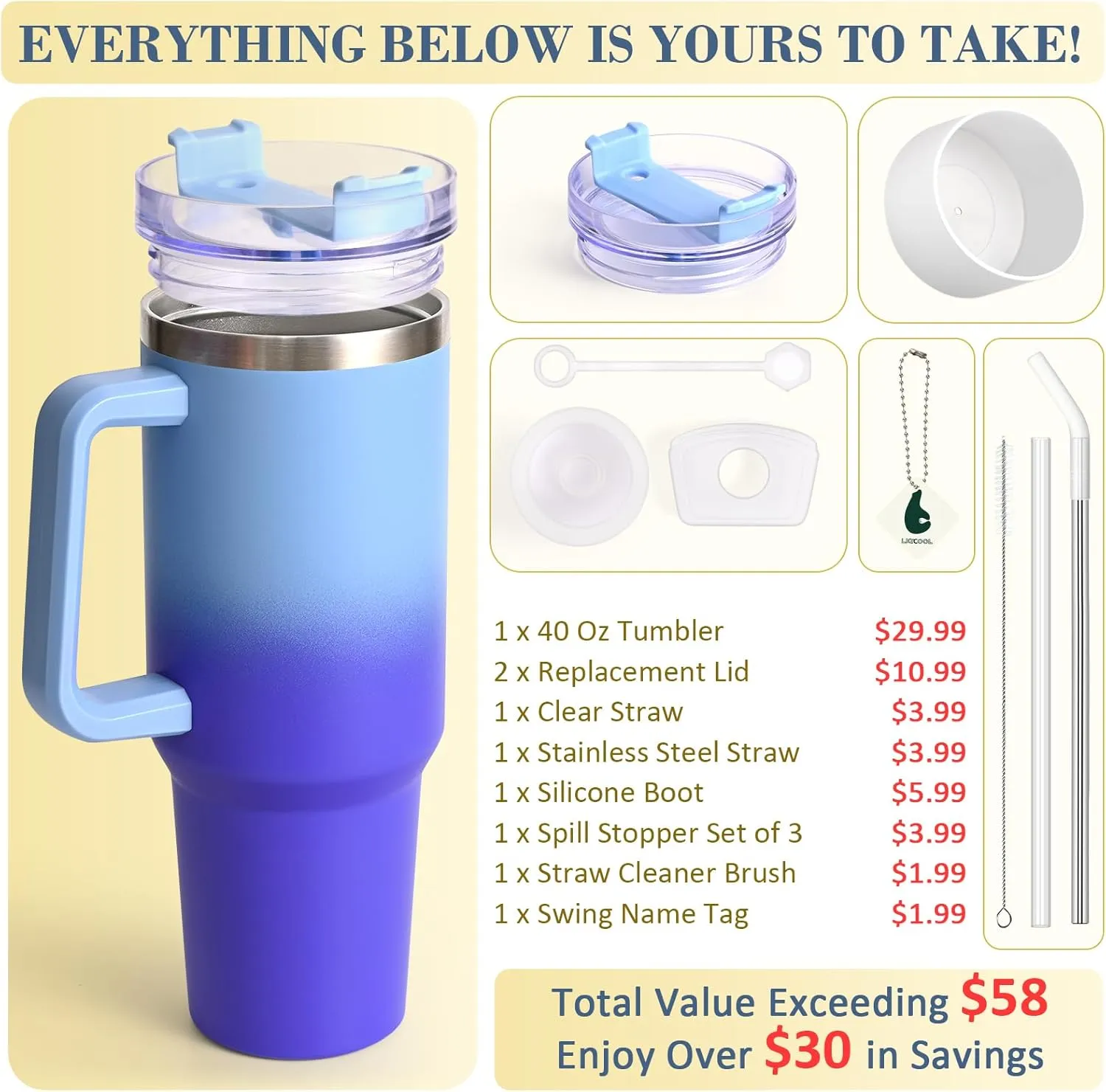 LiqCool 40 Oz Tumbler with Handle 2 Straws and 2 Lids, Silicone Boot & Leakproof Spill Stopper Set, Stainless Steel Vacuum Insulated Tumbler, Keep Cold 26H, Cupholder Friendly(Deep Blue)