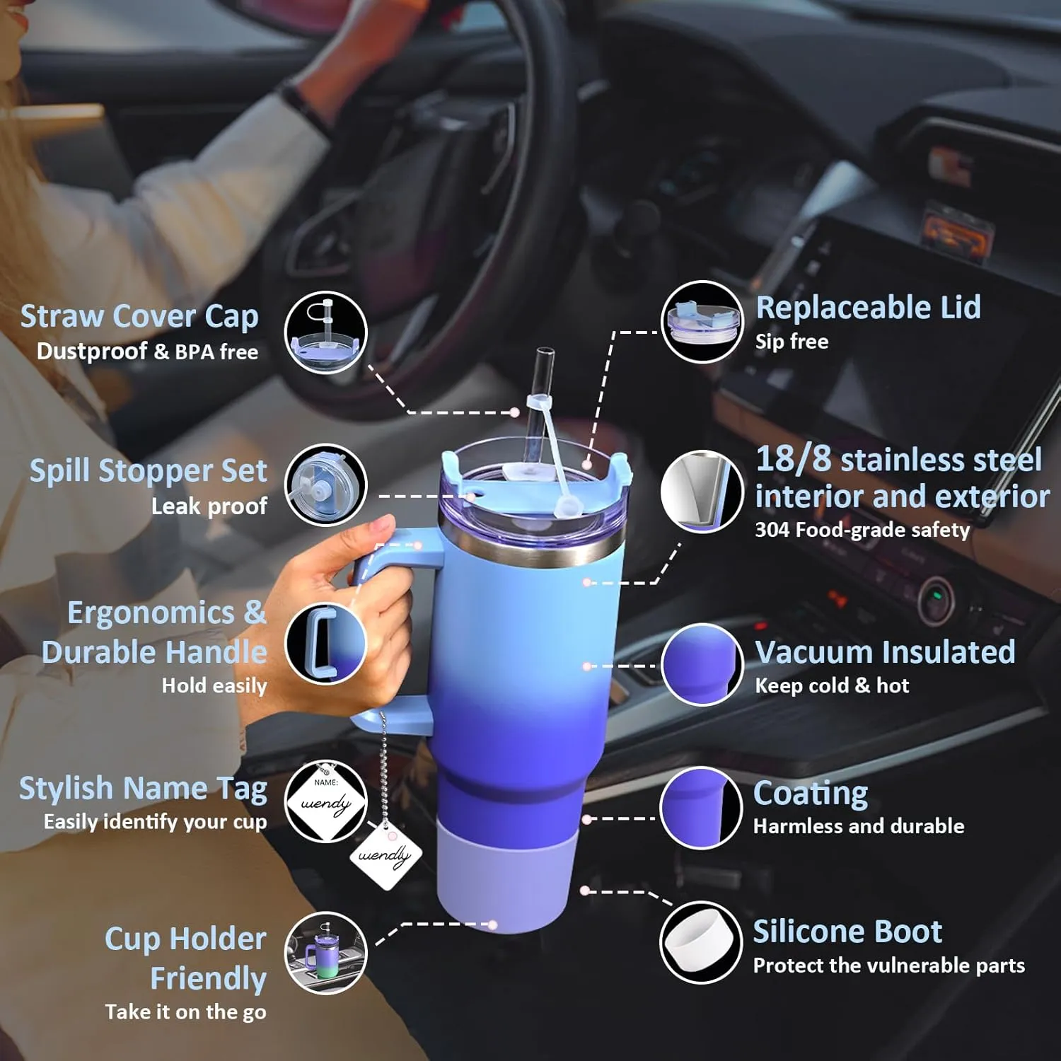LiqCool 40 Oz Tumbler with Handle 2 Straws and 2 Lids, Silicone Boot & Leakproof Spill Stopper Set, Stainless Steel Vacuum Insulated Tumbler, Keep Cold 26H, Cupholder Friendly(Deep Blue)