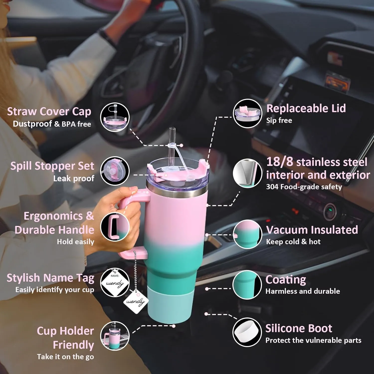 LiqCool 40 Oz Tumbler with Handle 2 Straws and 2 Lids, Silicone Boot & Leakproof Spill Stopper Set, Stainless Steel Vacuum Insulated Tumbler, Keep Drinks Cold 26H, Cupholder Friendly(Spring)