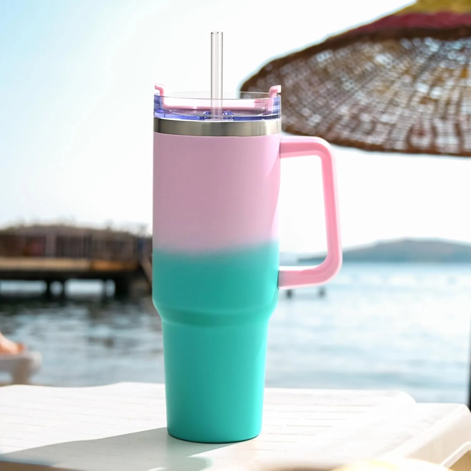 LiqCool 40 Oz Tumbler with Handle 2 Straws and 2 Lids, Silicone Boot & Leakproof Spill Stopper Set, Stainless Steel Vacuum Insulated Tumbler, Keep Drinks Cold 26H, Cupholder Friendly(Spring)