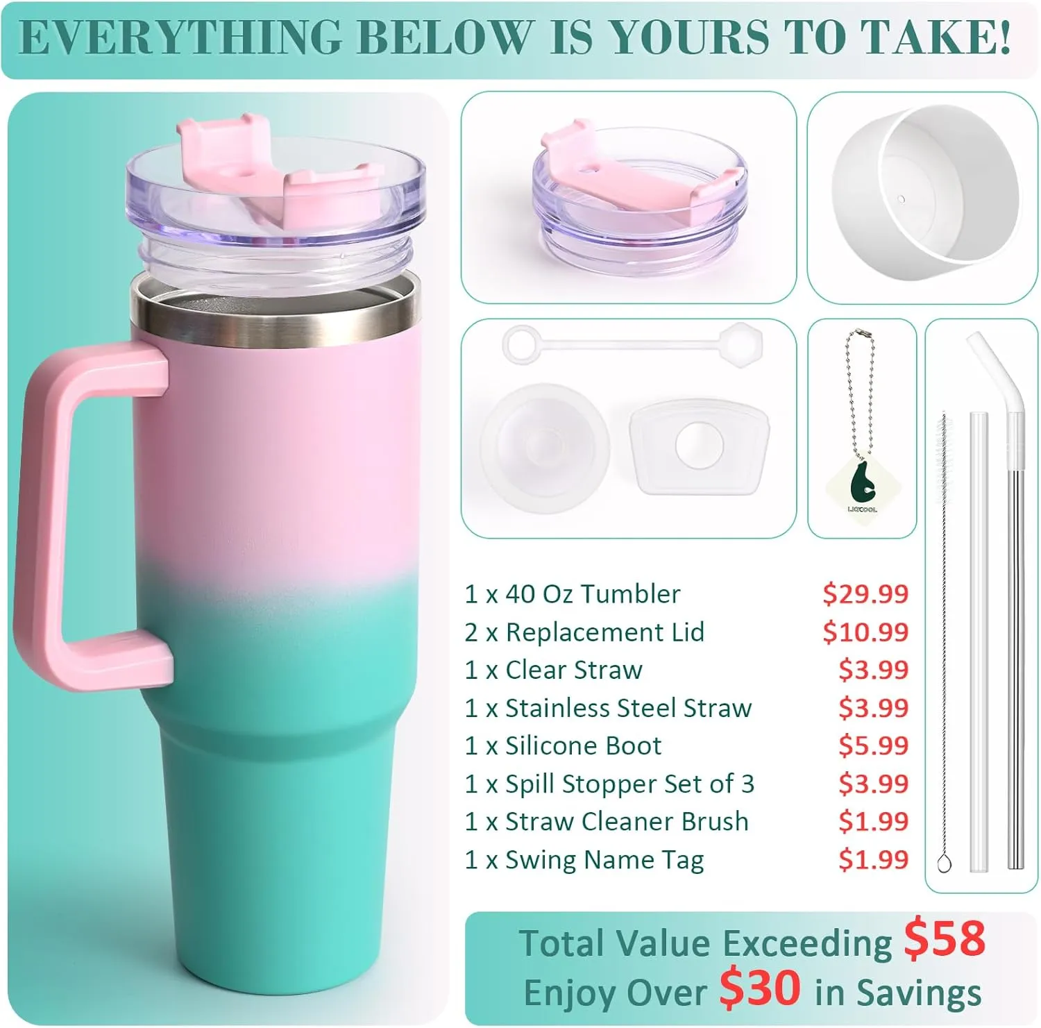 LiqCool 40 Oz Tumbler with Handle 2 Straws and 2 Lids, Silicone Boot & Leakproof Spill Stopper Set, Stainless Steel Vacuum Insulated Tumbler, Keep Drinks Cold 26H, Cupholder Friendly(Spring)