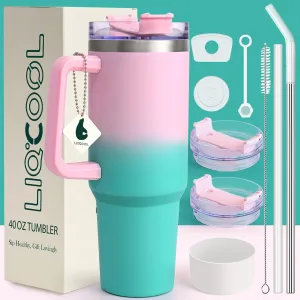 LiqCool 40 Oz Tumbler with Handle 2 Straws and 2 Lids, Silicone Boot & Leakproof Spill Stopper Set, Stainless Steel Vacuum Insulated Tumbler, Keep Drinks Cold 26H, Cupholder Friendly(Spring)